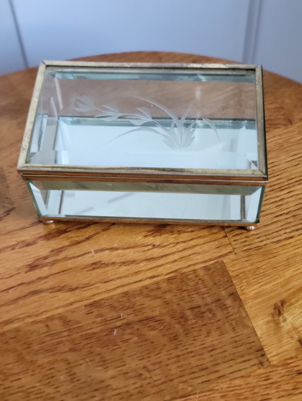 Vintage Etched Glass Mirrored Trinket Box with Brass Trim